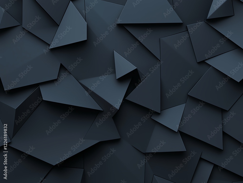 Poster an abstract composition of overlapping geometric shapes in dark tones, creating a visually striking 