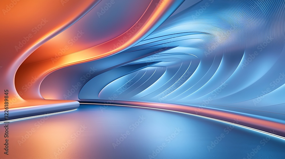 Poster an abstract digital background featuring smooth curves in vibrant colors of orange and blue, creatin
