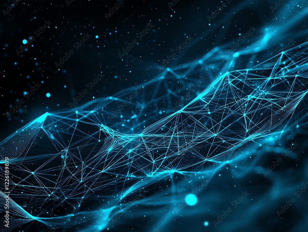 Poster an abstract digital landscape featuring interconnected lines and dots, symbolizing data flow and con