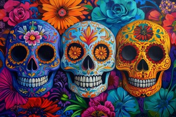 Three vibrantly painted sugar skulls decorated with intricate floral patterns and surrounded by colorful, blooming flowers, capturing festive energy and culture.