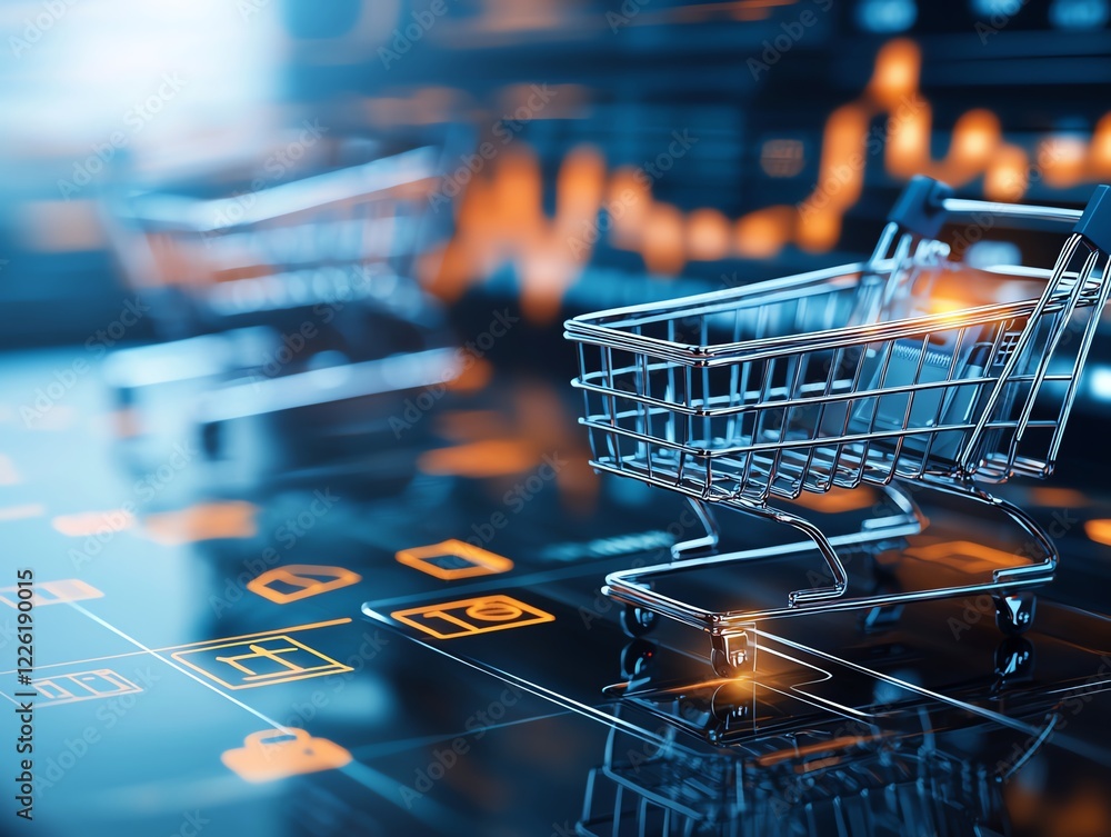 Poster close-up of a modern shopping cart on a digital interface, illustrating e-commerce trends and data a