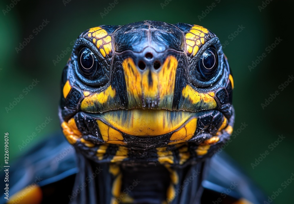 Poster close-up view of colorful turtle with vibrant yellow and black patterns surrounded by lush green bac