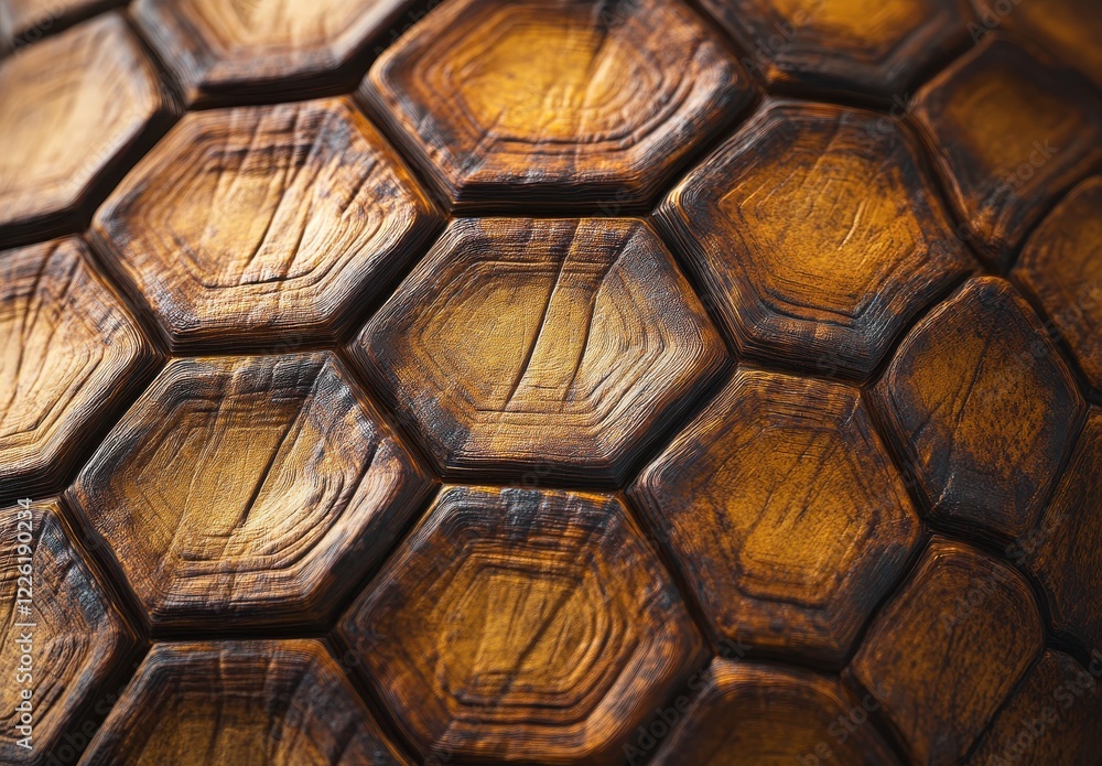 Poster close-up view of textured hexagonal wooden surface with natural grain patterns and warm tones highli