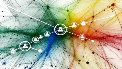 Abstract network visualization depicting interconnected nodes and user icons in vibrant colors - Powered by Adobe