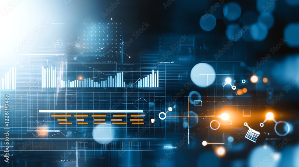 Poster innovative digital interface with graphical data visualizations, analytics, and vibrant light effect