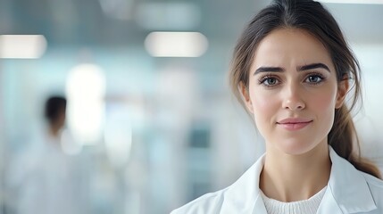 Portrait of a confident young woman in a lab coat, smiling. She embodies dedication and professionalism in the scientific field. Ideal for health and research-related themes.