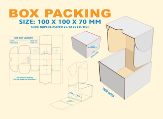 Box Packing 100 x 100 x 70 mm. Packaging Die Cut Template Design. 2d TD Real Shape & Dimension. 3d Box Mock Up. Prepared for production.