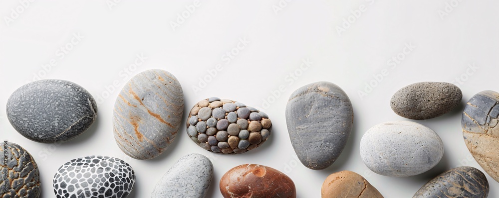 Poster Smooth polished pebbles arranged in a horizontal line against a pristine white backdrop
