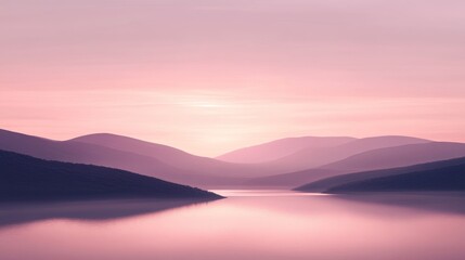 Fototapeta premium A soothing pastel landscape portrays gently rolling hills and a serene river under a soft, glowing sky, evoking calmness and tranquility through color and form.