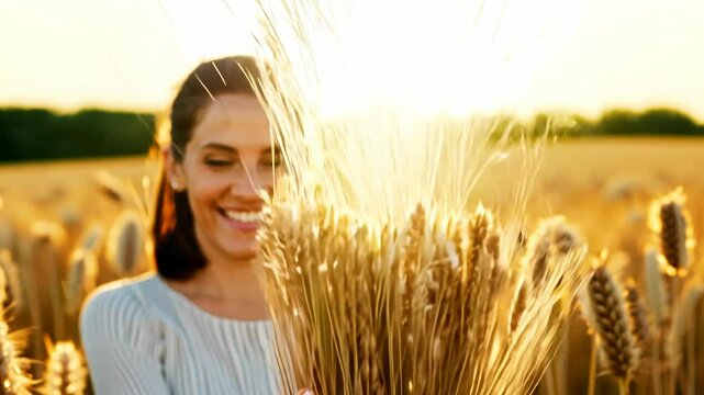 4k video of a woman in a wheat field.