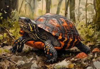 Obraz premium Colorful Painted Turtle Amidst Forest Foliage and Mushrooms in Serene Natural Setting Captured in Vibrant Watercolor Style