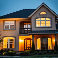 Obraz premium Luxury Two-Story House Exterior at Night. Modern Home Design, Real Estate, Residential Property, Dream House, Family Home, Illuminated Windows, Evening View