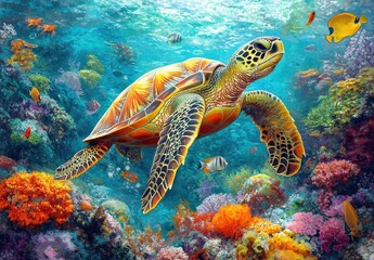 Fototapeta premium Colorful Sea Turtle Swimming Gracefully Through Vibrant Coral Reef Surrounded by Exotic Fish in a Lively Underwater Ecosystem