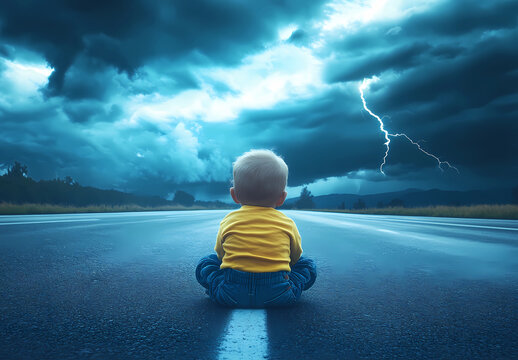 A baby is sitting on the road in front of a storm