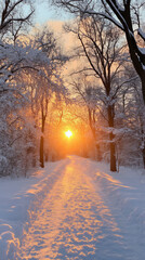 Golden Winter Sunset - Snowy Forest Path in Warm Glow