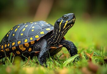 Obraz premium Colorful Tortoise with Vibrant Shell Posing Gracefully on Lush Green Grass in Natural Habitat, Showcasing Nature's Beauty and Wildlife Diversity