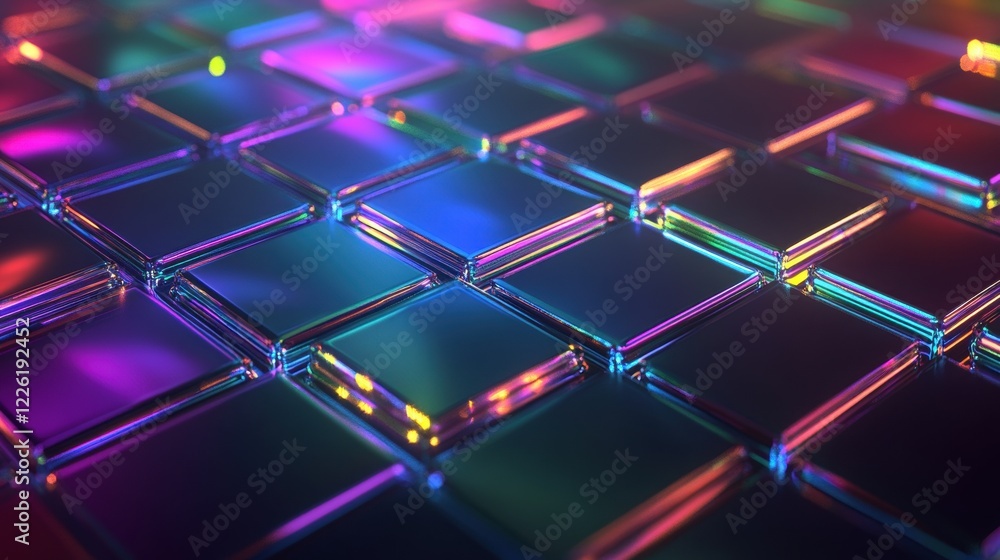 Poster dynamic light reflections on colorful glass tiles abstract art studio environment close-up view mode