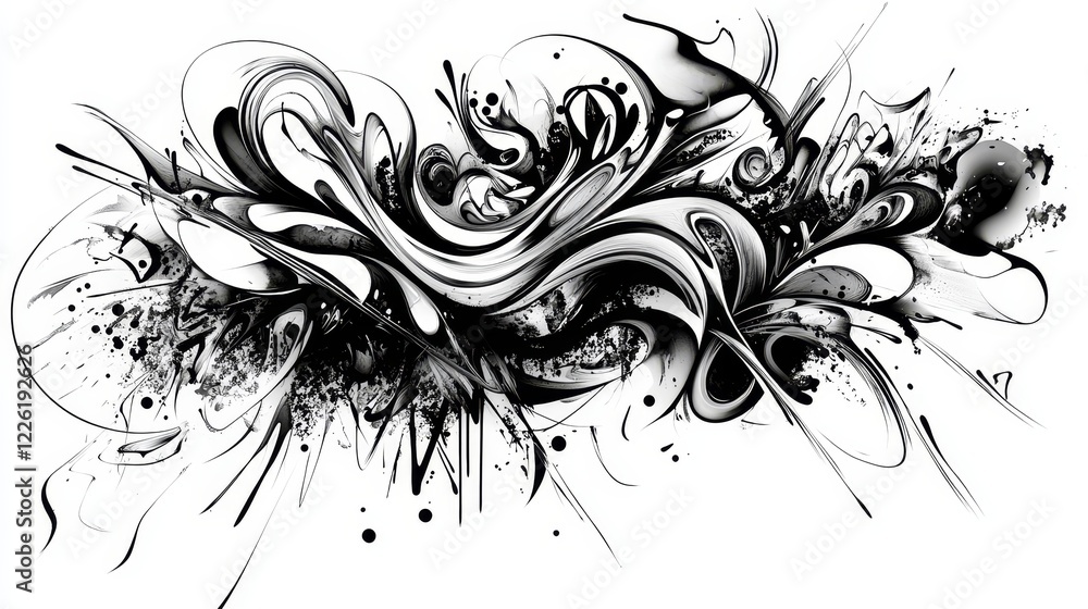 Poster a dynamic abstract image featuring swirling monochrome patterns with high contrast, detailed lines, 