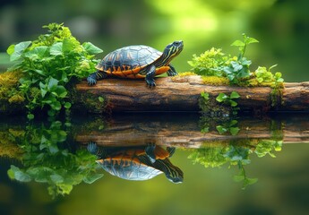 Fototapeta premium Colorful turtle resting on a mossy log by a serene pond, reflecting in the calm water surrounded by lush greenery and vibrant aquatic plants
