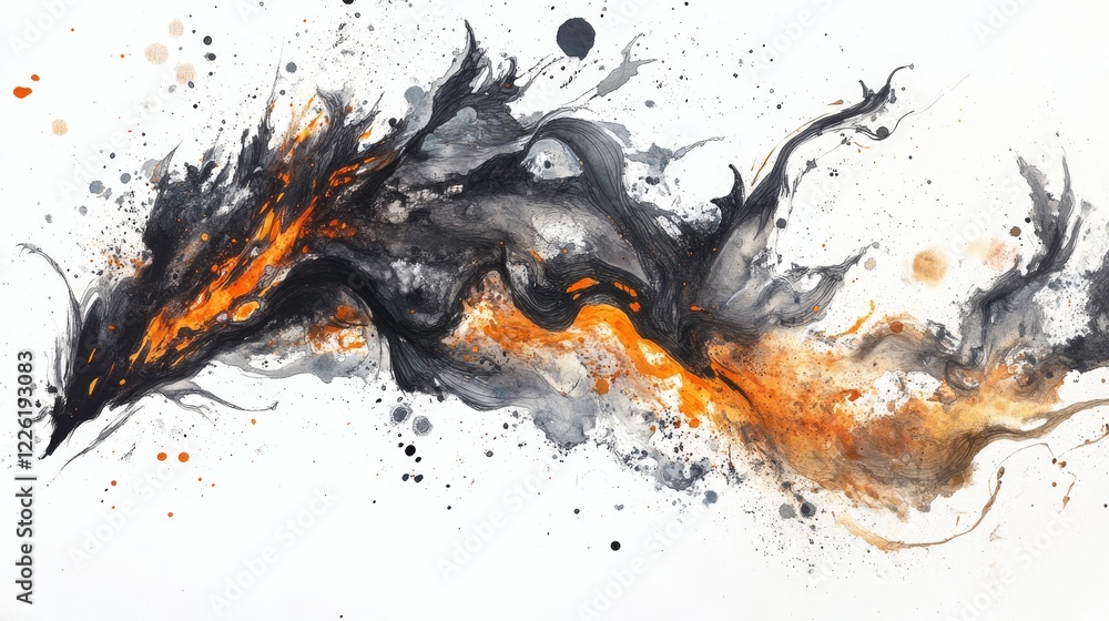Poster an abstract painting capturing fiery orange and black swirls in a dynamic cascade of color, evoking 