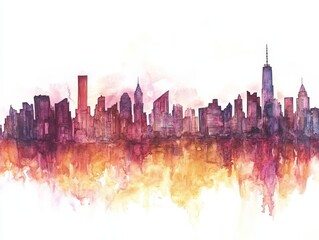 Obraz premium A dynamic city skyline portrayed in watercolor, featuring tall skyscrapers vibrantly reflected in a shimmering surface below, capturing urban energy and life.