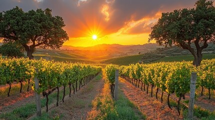 Fototapeta premium Vineyard Sunset Golden Hour Landscape Trees