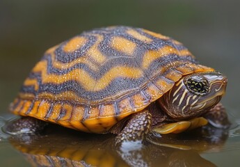 Fototapeta premium Colorful turtle resting on a smooth surface with vibrant patterns and natural wet environment showcasing its unique shell markings and serene demeanor.