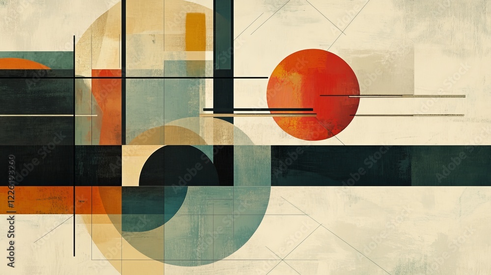 Poster abstract artwork featuring geometric shapes and lines overlapping in a harmonious design, creating a