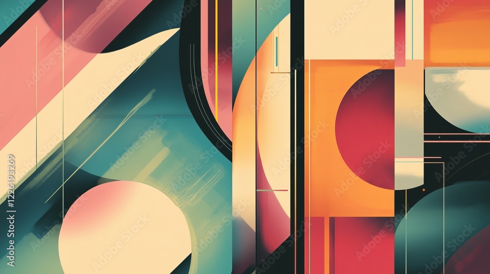 Poster dynamic modern art piece with bold geometric abstractions and vibrant colors, creating an interplay 