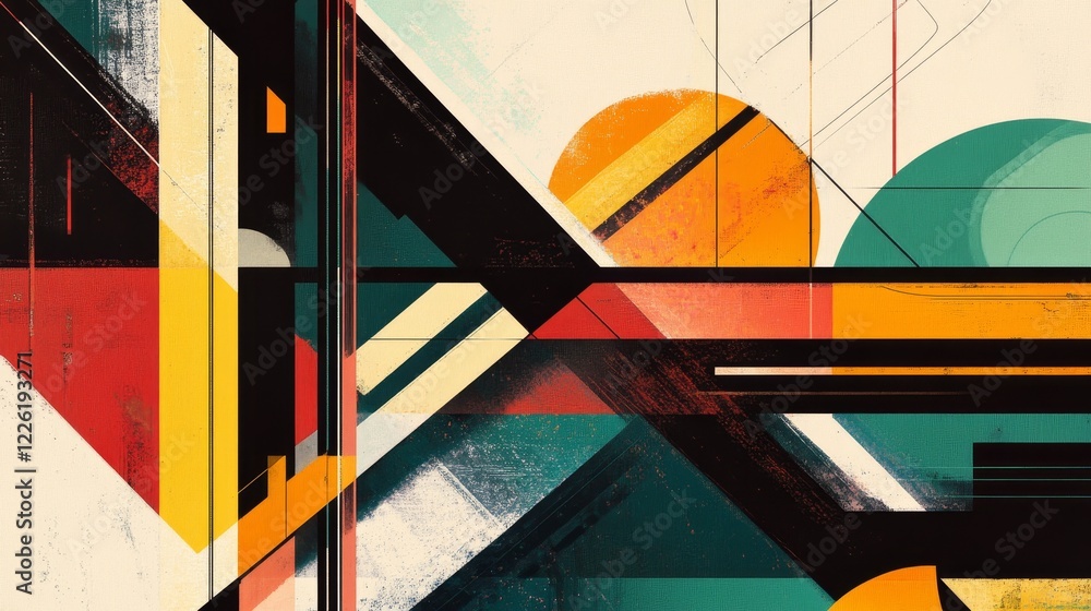 Poster a modern abstract artwork featuring bold geometric shapes in vibrant colors like orange, teal, and y