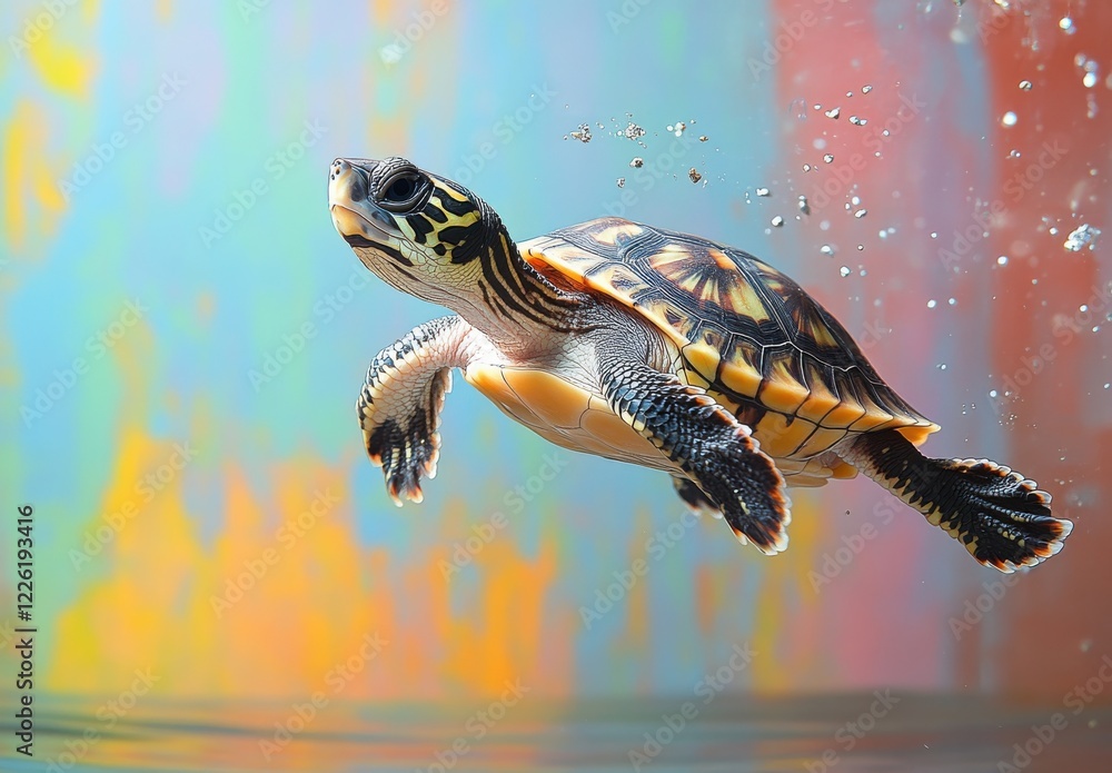 Poster colorful turtle swimming gracefully in bright underwater scene with vivid background and bubbles hig