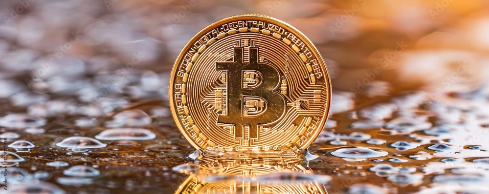 Aufkleber golden bitcoin coin partially submerged in water reflecting on surface