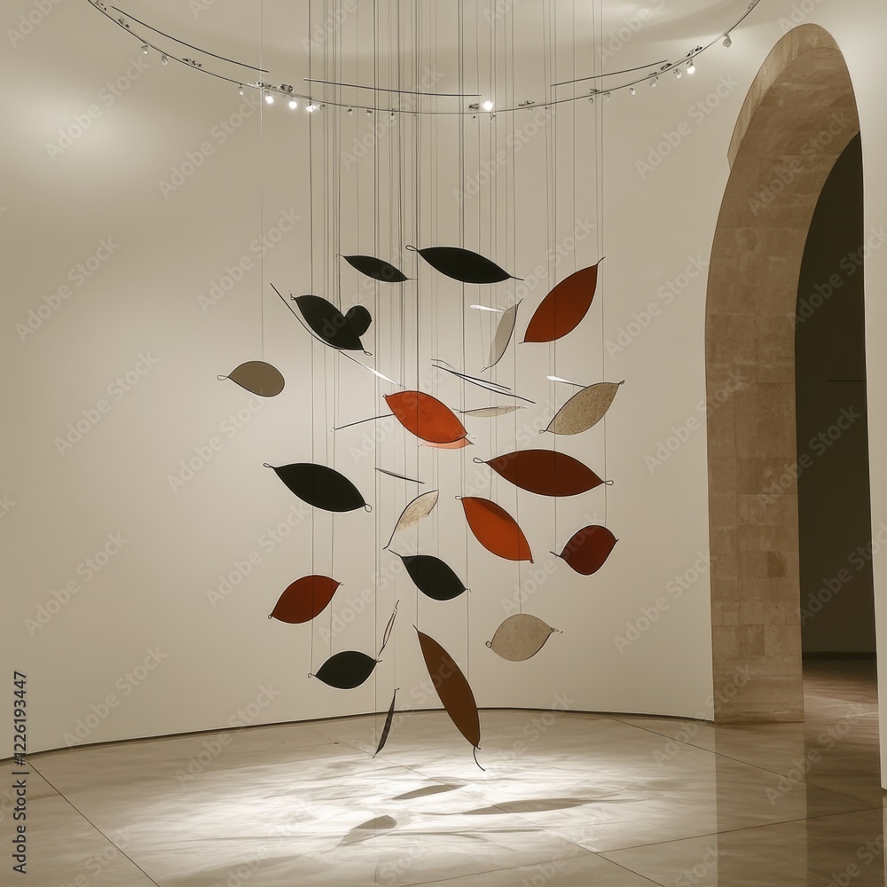 Poster an intricate mobile featuring leaf-like shapes suspended delicately, casting dynamic shadows on a mi