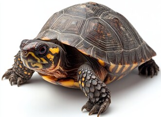 Fototapeta premium Colorful turtle with striking shell patterns resting on a clean white surface, showcasing vibrant colors and intricate textures in reptiles