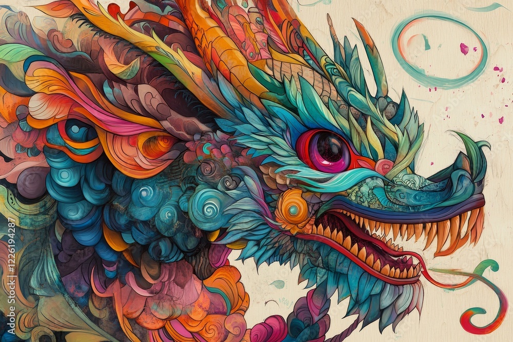 Poster a colorful abstract illustration of a dragon, featuring intricate patterns and bold colors, blended 