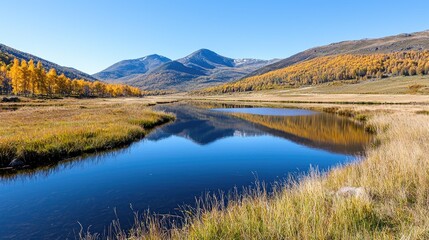 Autumnal mountain lake reflection, serene valley landscape, ideal for travel brochures