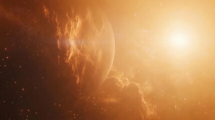 Obraz premium Orange planet, nebula, space, sun, cosmic dust, background, artwork, science fiction