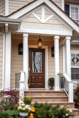 Elegant Home Entrance with Brown Door and White Columns. Beautiful Architecture and Landscaping. Perfect for Real Estate Listings and Home Design Inspiration.