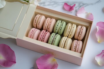 Colorful macarons arranged in a decorative box with rose petals on a marble surface during daylight