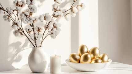 Golden Easter eggs on a table decorated with a candle and a bouquet of cotton flowers
