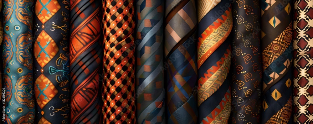 Poster Vibrant and textured background with various rolled-up ties featuring colorful patterns