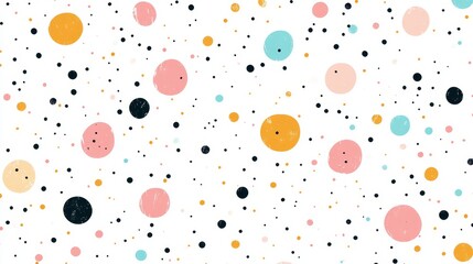 An artistic array of vibrant polka dots in various sizes and colors, scattered randomly across a clean white background, evoking a playful and creative atmosphere.