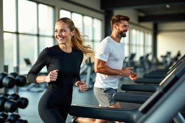 Obraz premium Fit and Happy Couple Running on Treadmills at the Gym for a Healthy Lifestyle