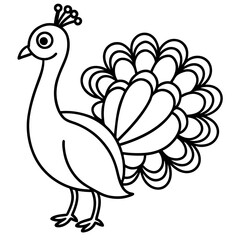 Cute Line Art Peacock Silhouette Black Vector Illustration