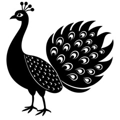 Cute Line Art Peacock Silhouette Black Vector Illustration