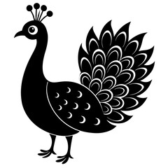 Cute Line Art Peacock Silhouette Black Vector Illustration