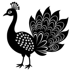 Cute Line Art Peacock Silhouette Black Vector Illustration