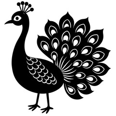 Cute Line Art Peacock Silhouette Black Vector Illustration