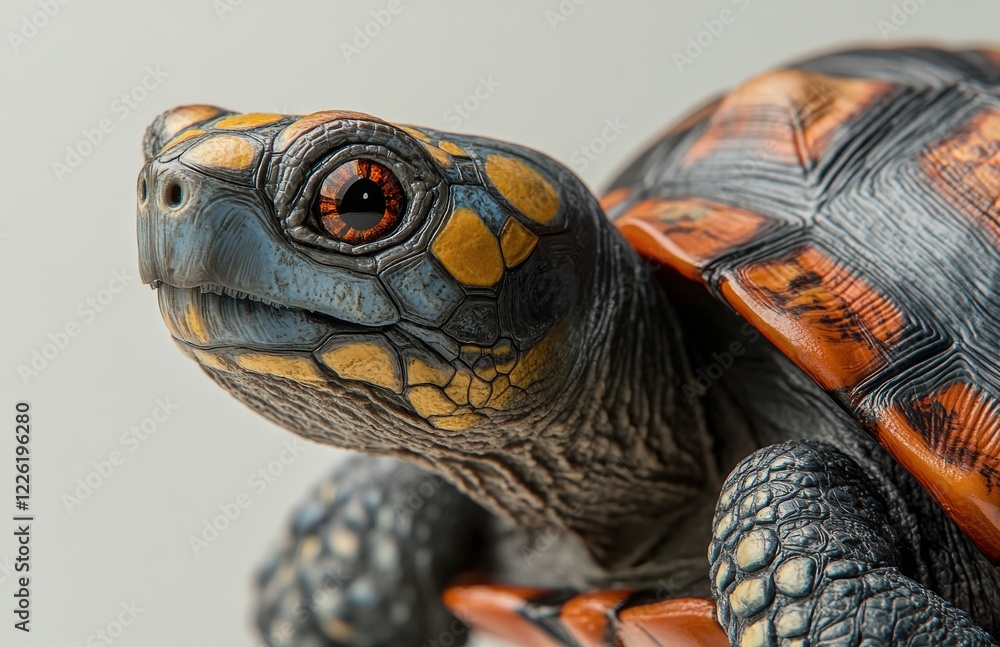 Poster detailed close-up of a beautiful tortoise showcasing intricate shell patterns and vibrant colors, em