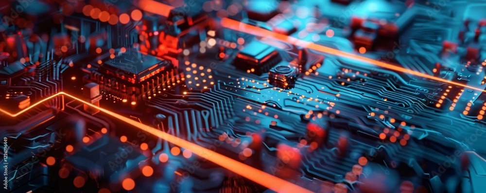 Poster Complex electronic circuit board with red light trails flowing, symbolizing data transfer and processing power